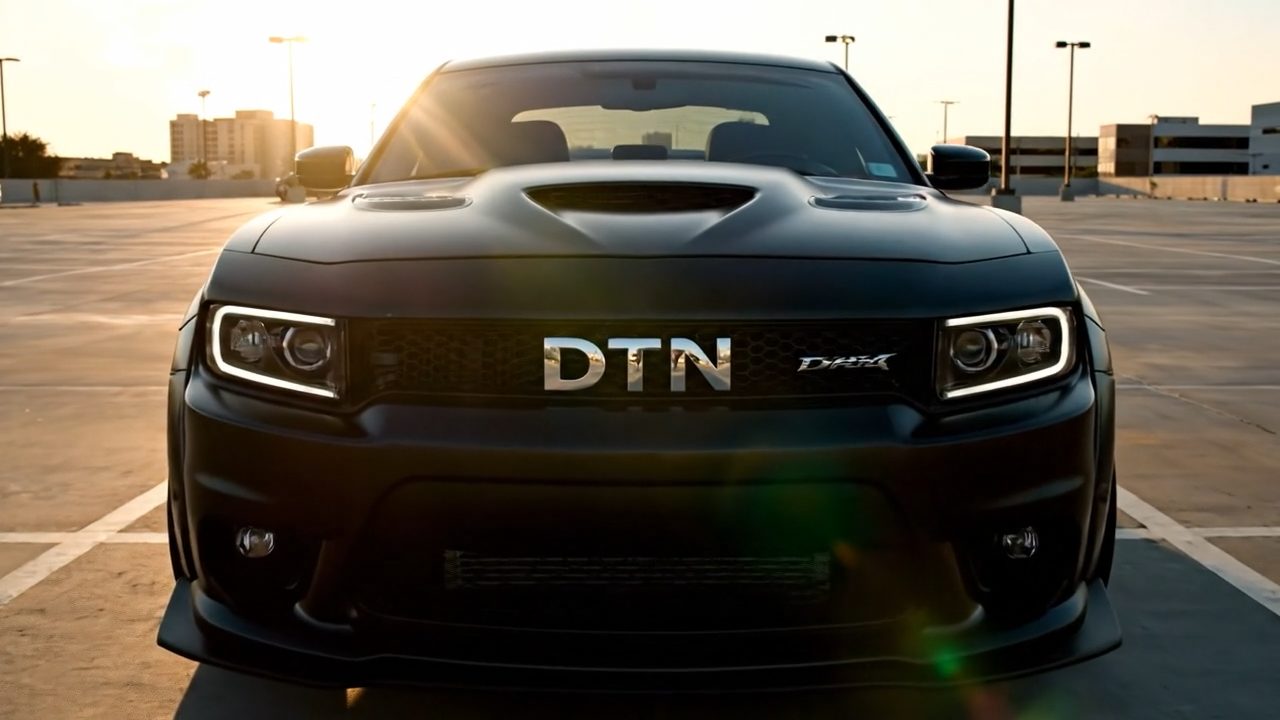 A matte black muscle car badged DTN, shot head-on at golden hour on an empty rooftop parking deck.