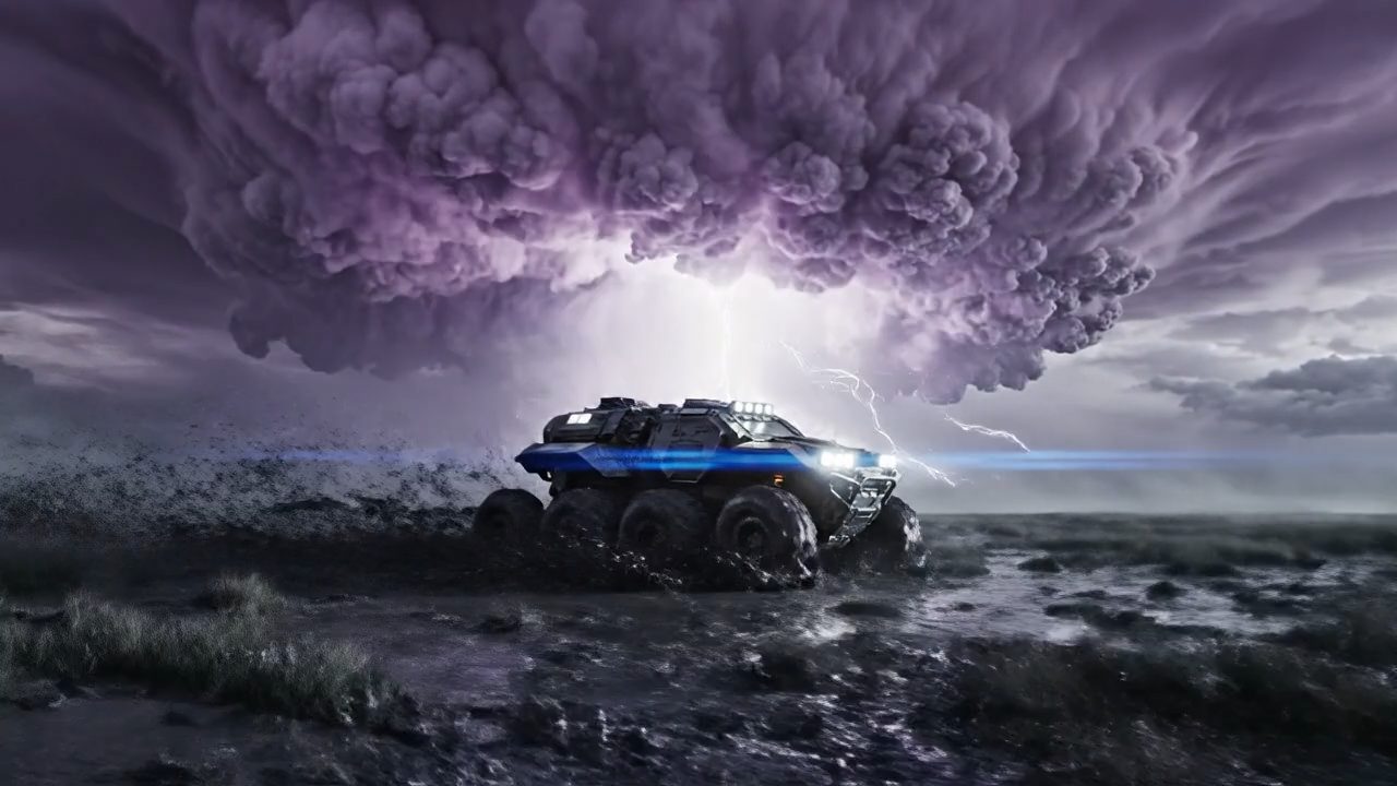 An armoured six-wheeled storm-chase vehicle driving through floodwater beneath a lightning-lit supercell.
