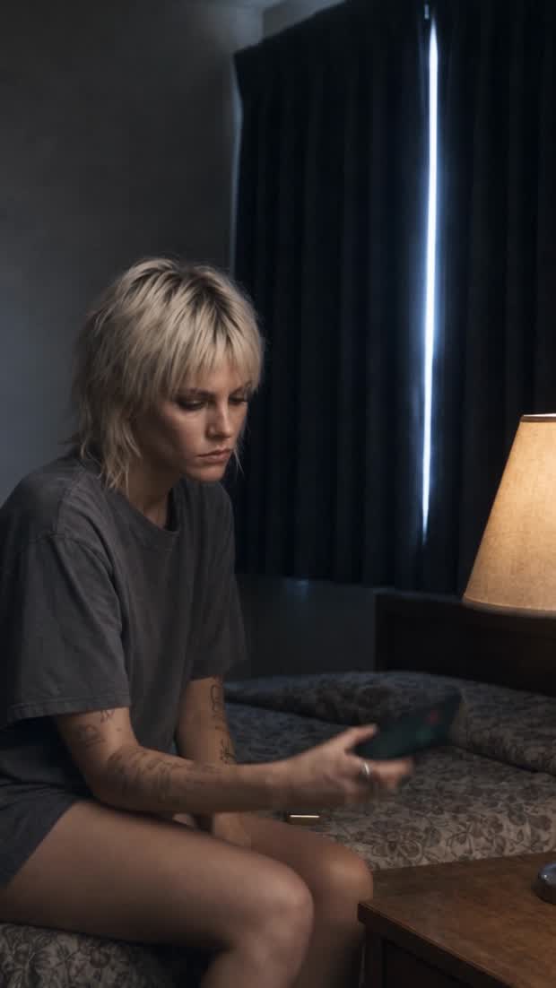 Double Wide Desires: a woman sitting alone on a motel bed at night