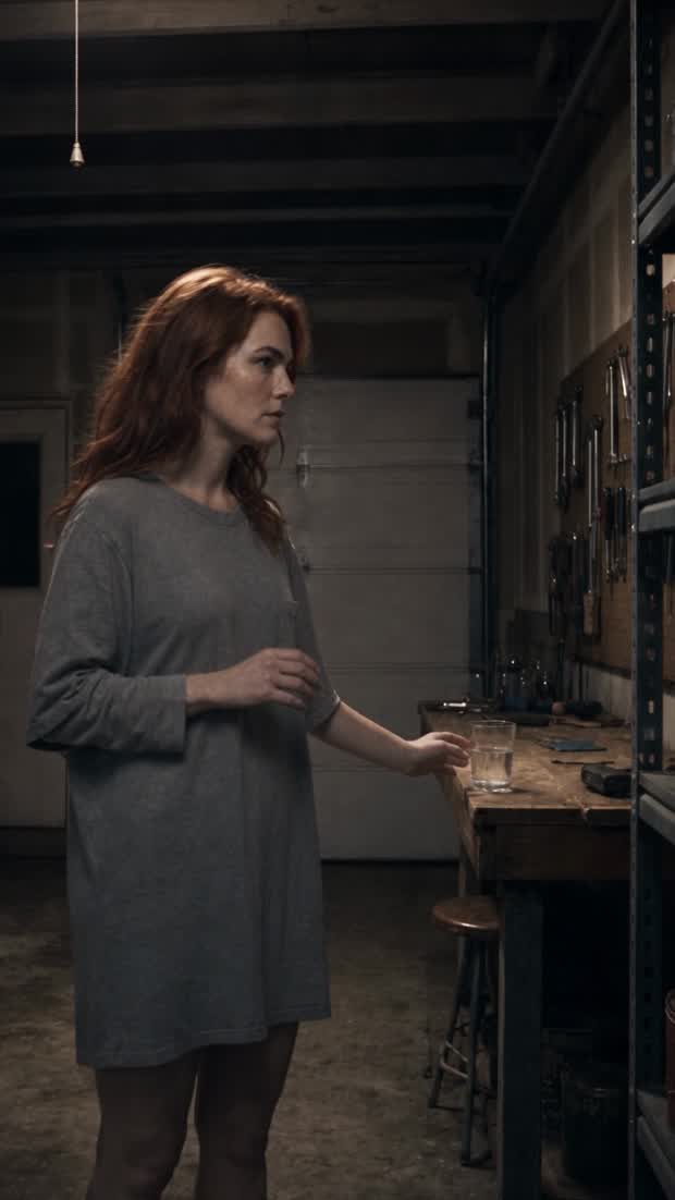 Double Wide Desires: a woman in a garage workshop, reaching for a glass